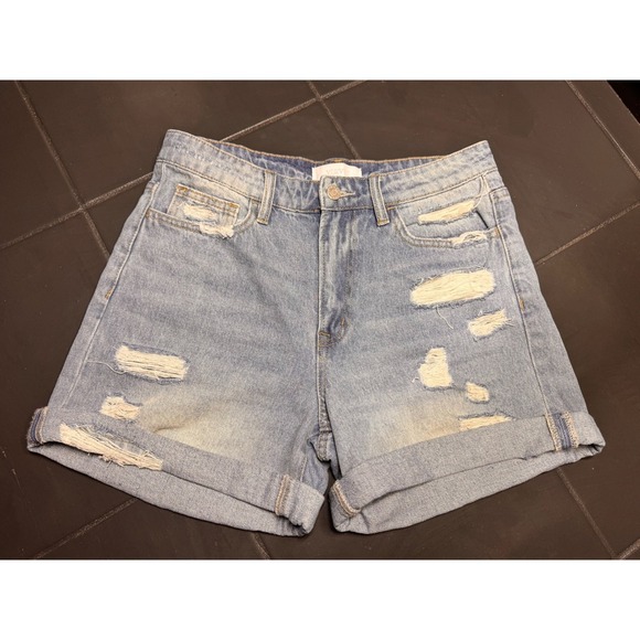 Vervet Blue Pants - Vervet Blue Distressed Denim Shorts Light Wash High Rise Cuffed T5197 Size M